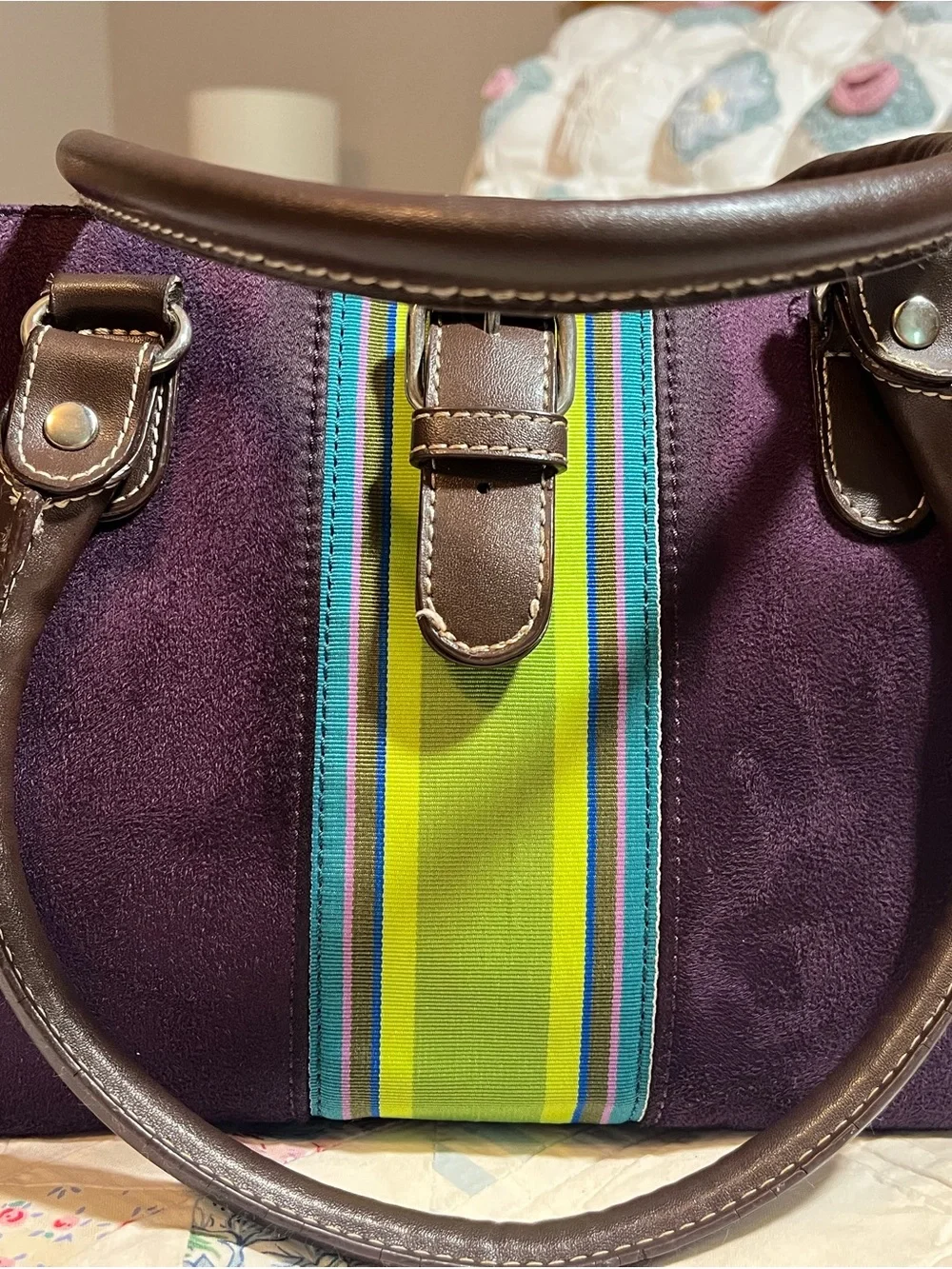 Y2K 2010s Tommy Hilfiger Purple Sueded Satchel Green Stripe and Brown Handles